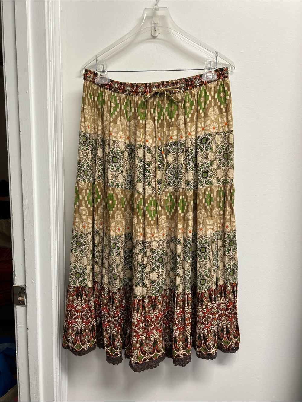 NY Collection Tiered Maxi Skirt in earthy brown and green with crochet hem